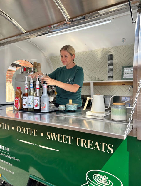 Interior of the Matcha & Bean mobile coffee and matcha trailer set up for a private catering event, serving artisan coffee and ceremonial-grade matcha.