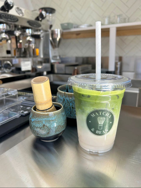Classic iced matcha latte made with hand-whisked PerfectTed ceremonial-grade matcha, milk and ice at Matcha & Bean mobile coffee and matcha trailer.
