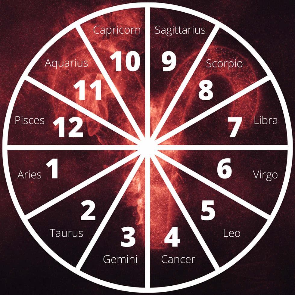 Aries Rising House Wheel with zodiac signs in the house based on an Aries Ascendant.