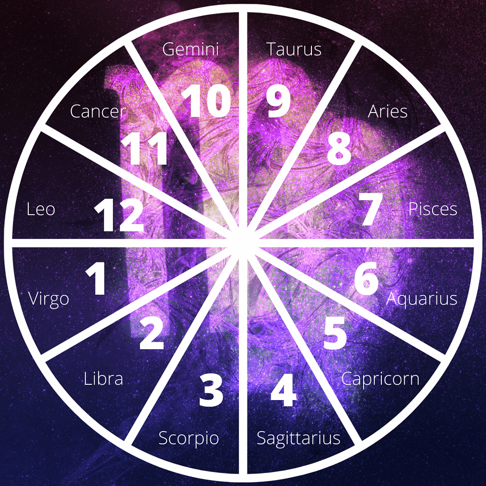 Virgo rising astrology wheel with the Virgo glyph in the background.