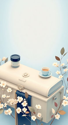 Composição minimalista com uma mala ou baú estilizado em tons de branco e azul sobre fundo azul claro.
