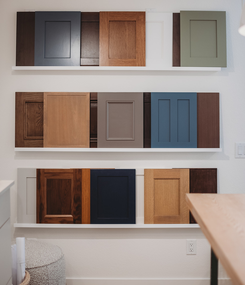 Modern colorful cabinet front samples on shelves