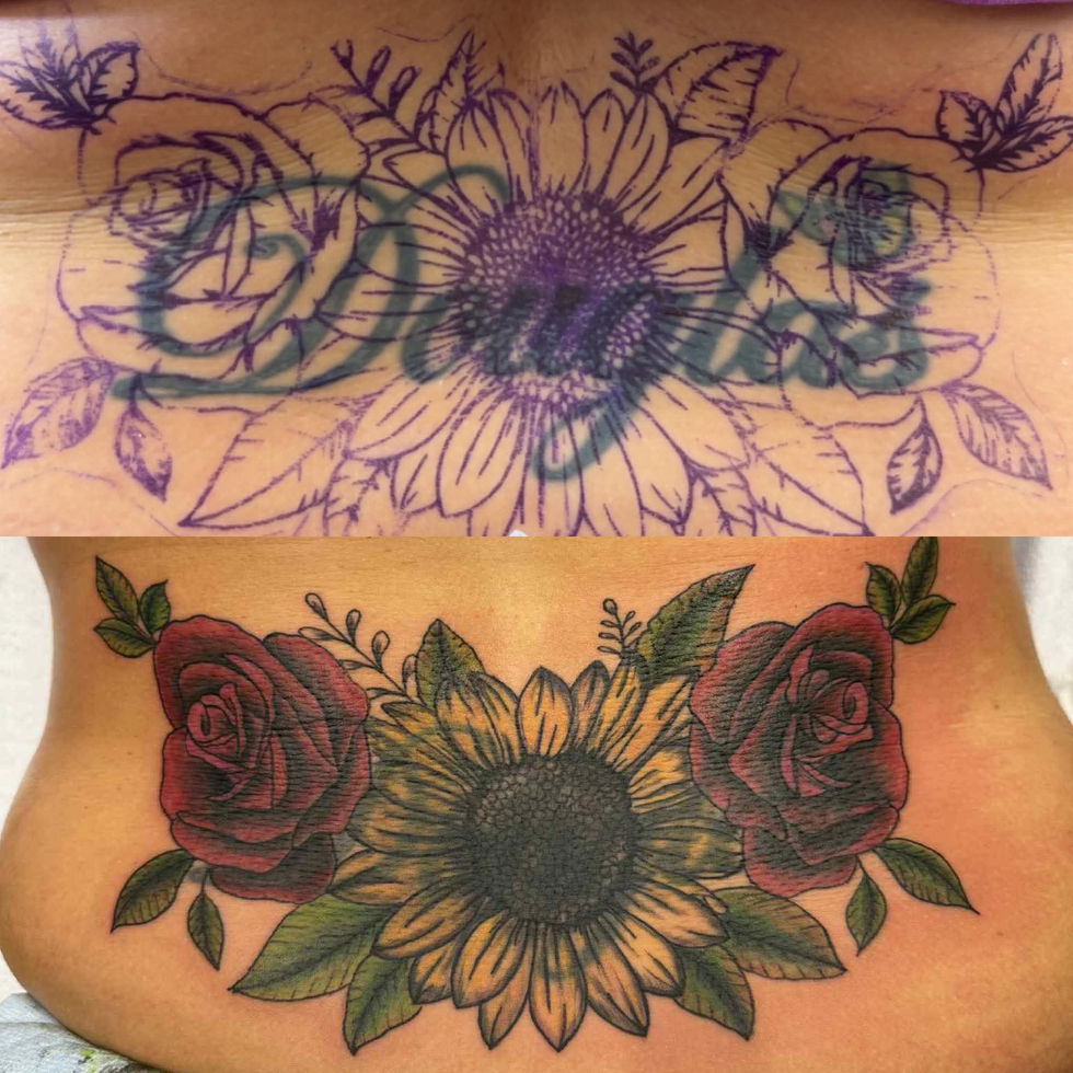 Before and after tattoo: Douglas name with sunflower and roses design.