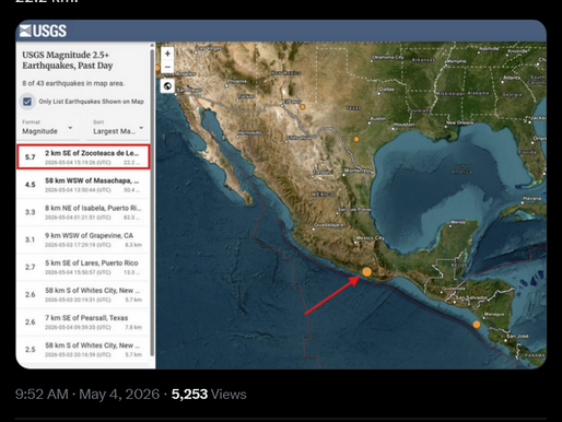 A magnitude 5.7 earthquake just struck Mexico in Oaxaca at a depth of 22.2 km.