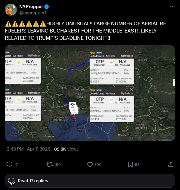 ⚠️HIGHLY UNUSUAL!! LARGE NUMBER OF AERIAL RE-FUELERS LEAVING BUCHAREST FOR THE MIDDLE-EAST!! LIKELY RELATED TO TRUMP'S DEADLINE TONIGHT!!
