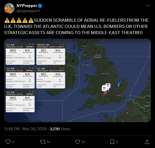⚠️SUDDEN SCRAMBLE OF AERIAL RE-FUELERS FROM THE U.K. TOWARD THE ATLANTIC COULD MEAN U.S. BOMBERS OR OTHER STRATEGIC ASSETS ARE COMING TO THE MIDDLE-EAST THEATRE!!