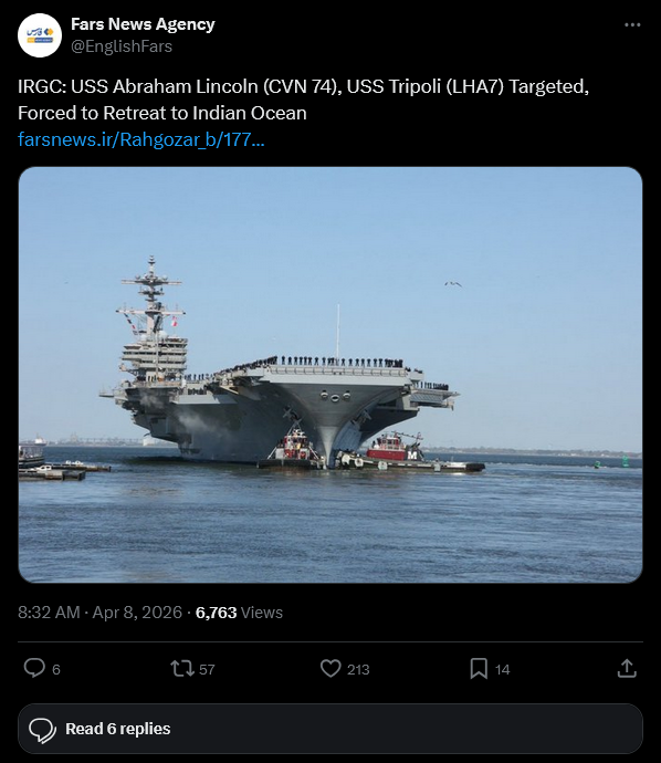 IRGC: USS Abraham Lincoln (CVN 74), USS Tripoli (LHA7) Targeted, Forced to Retreat to Indian Ocean
