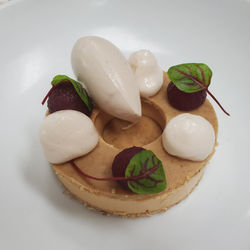 Caramel Panna Cotta, Poached Pears, Walnut Cookie, Wine Ice Cream Pear Foam