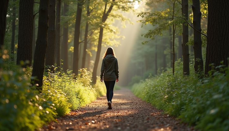 Eye-level view of a person walking on a forest trail surrounded by green trees