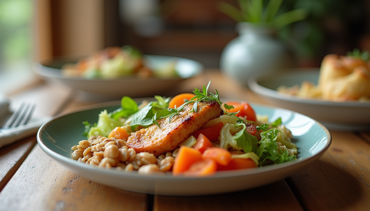 Eye-level view of a balanced meal plate with vegetables, lean protein, and whole grains