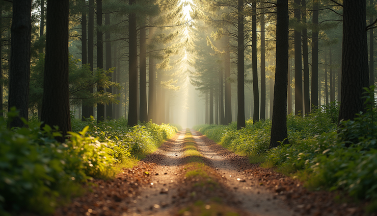 Eye-level view of a quiet forest path surrounded by tall trees and soft sunlight