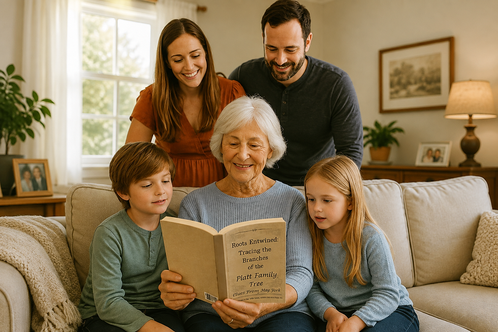 Family sitting in a livingroom looking at a book