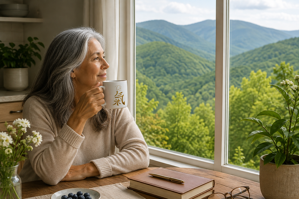 Women sitting in her dining room sipping from a mug looking out of a window.