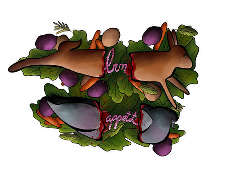 Bunny and pigeon on a salad with intestines spelling "bon appetit".