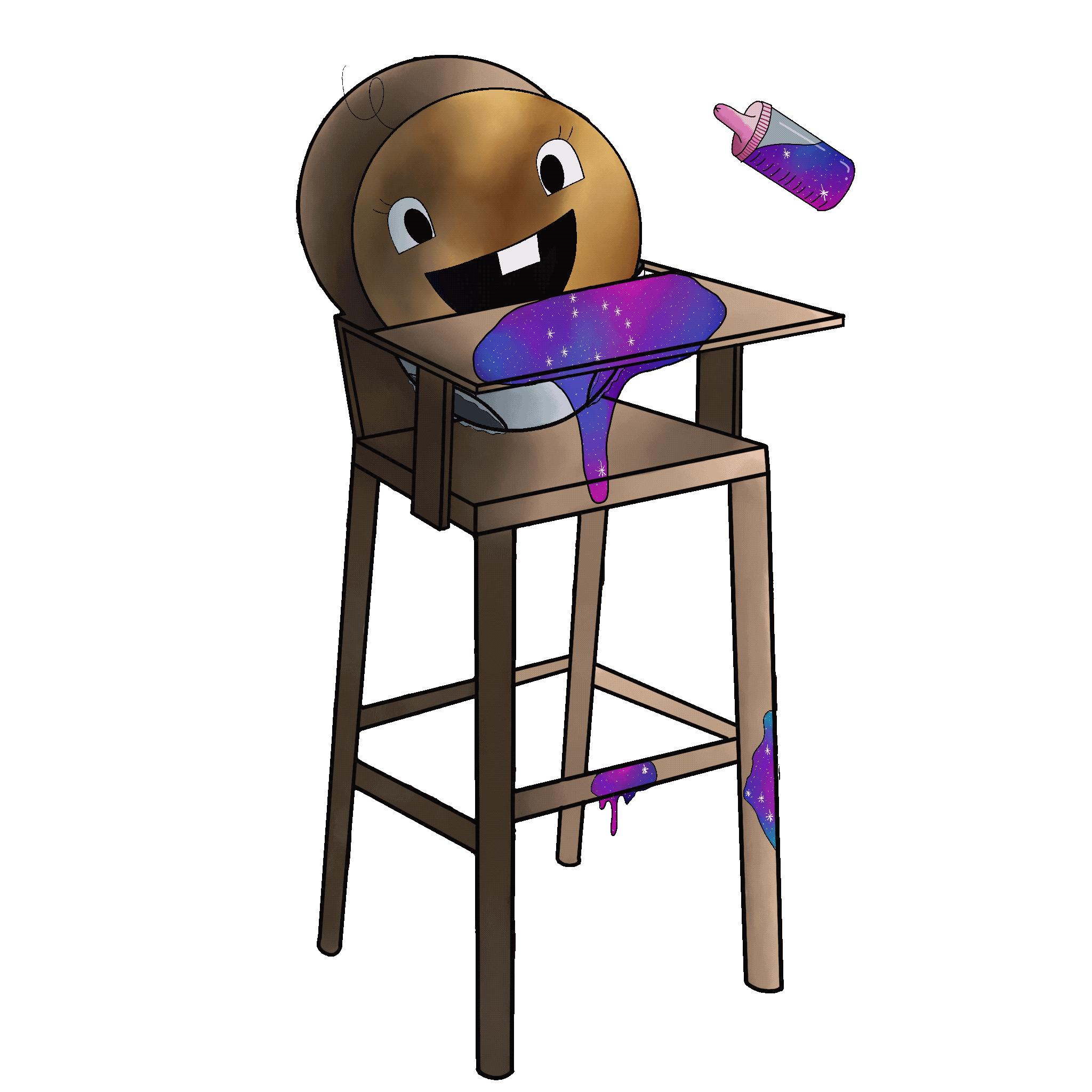 A planet in a high chair playing with a bottle filled with a galaxy.  Animated to have the bottle pour out onto the high chair.