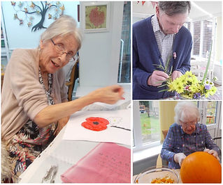 A triptych showing residents of a care home doing various activities