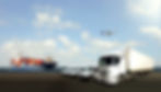 A ship with colourful containers sails, an aeroplane flies overhead, and white trucks and vans are parked on land