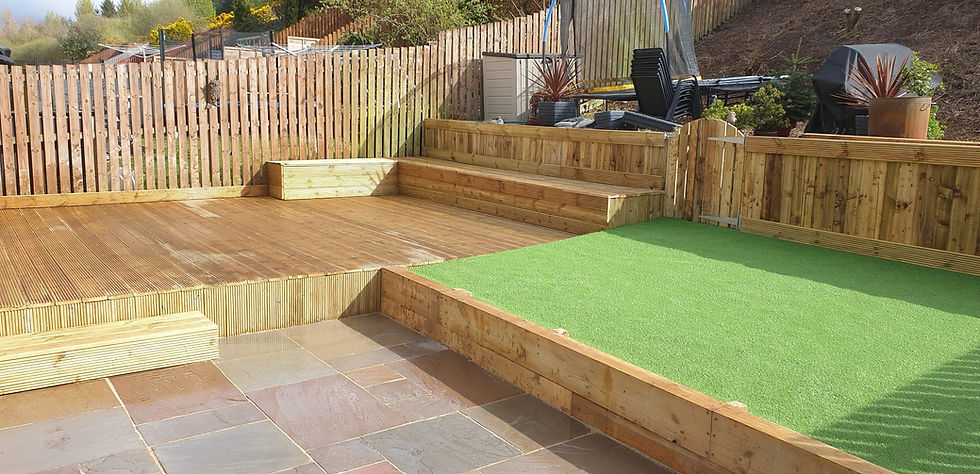 A back garden with wooden deck, artificial grass area, and surrounding wooden fence