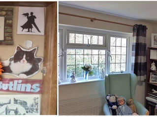 A two-part image showing a photo collage and a living room