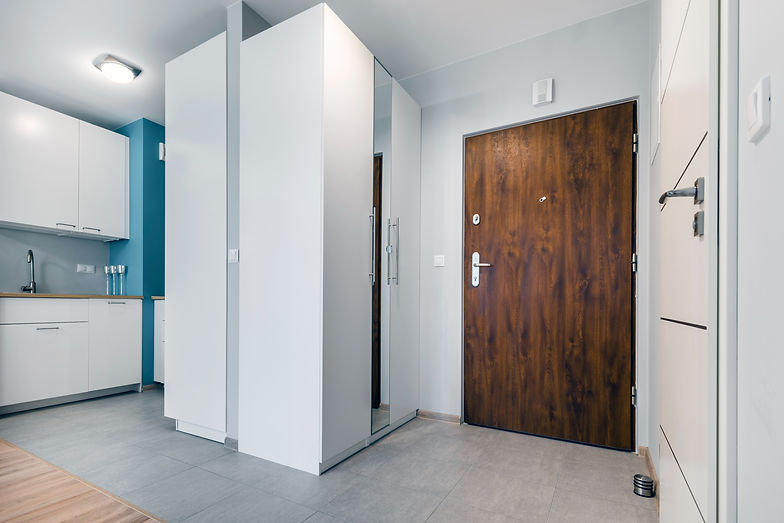 Modern hallway with a large wooden front door