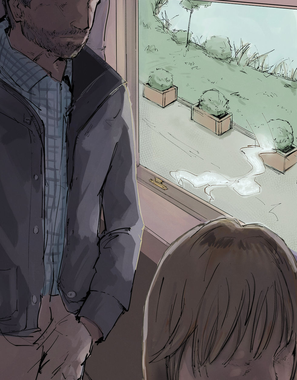 A couple standing by a window with an air of tension. Cigarette smoke drifting up from below.