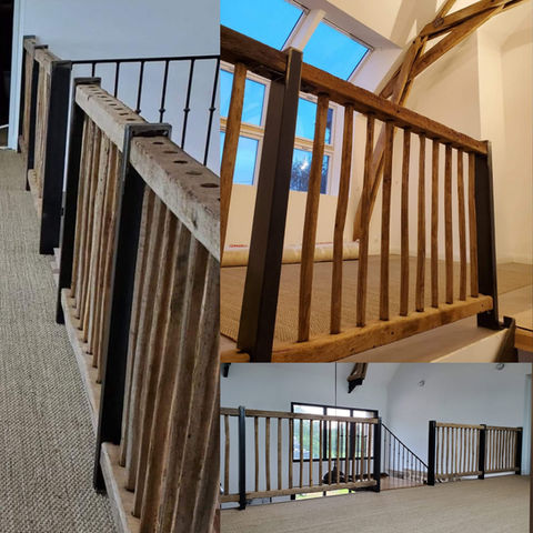 Poteaux en acier sur-mesure pour garde-corps avec rambarde en bois, fabrication artisanale par Esprit Métal en Mayenne