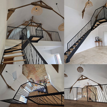 Escalier sur-mesure 1/4 tournant avec palier, double limon métallique thermolaqué noir et marches en bois d’hévéa, garde-corps mezzanine assorti.