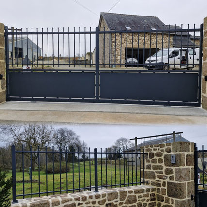 Portail coulissant automatisé en acier thermolaqué avec grilles barreaudées assorties – fabrication Esprit Métal.