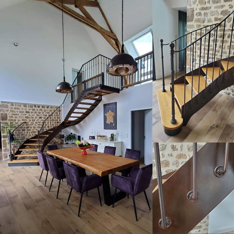 Escalier métallique sur-mesure avec palier, garde-corps barreaudé, fabrication artisanale Esprit Métal, en Mayenne