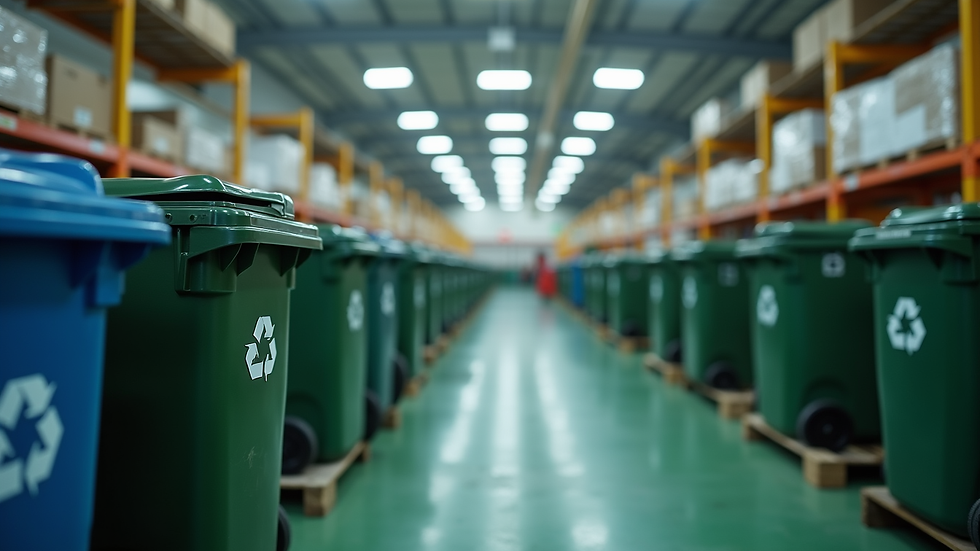 Eye-level view of a waste management facility with recycling bins