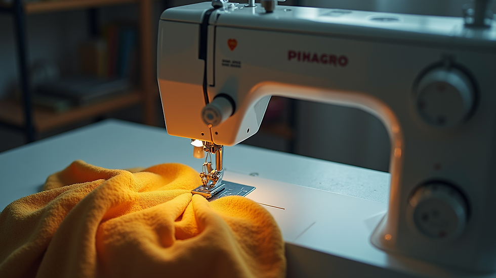 High angle view of a sewing machine with fabric