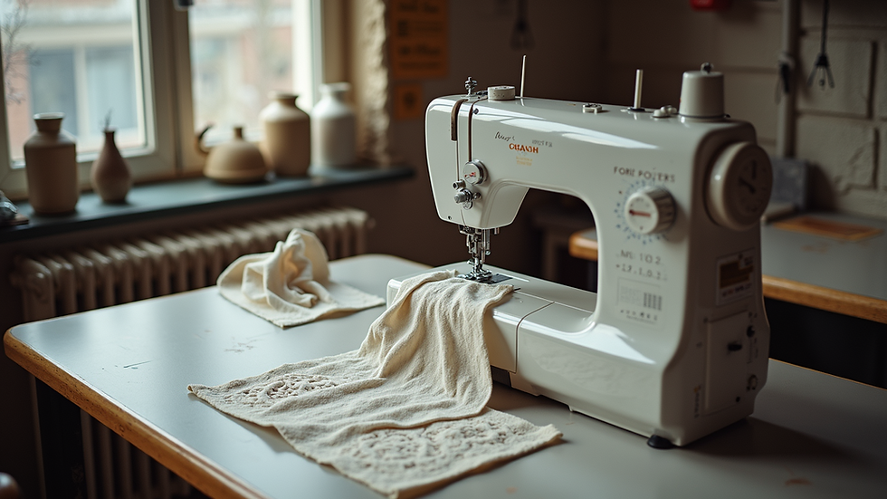 High angle view of a sewing workshop with various patterns on display