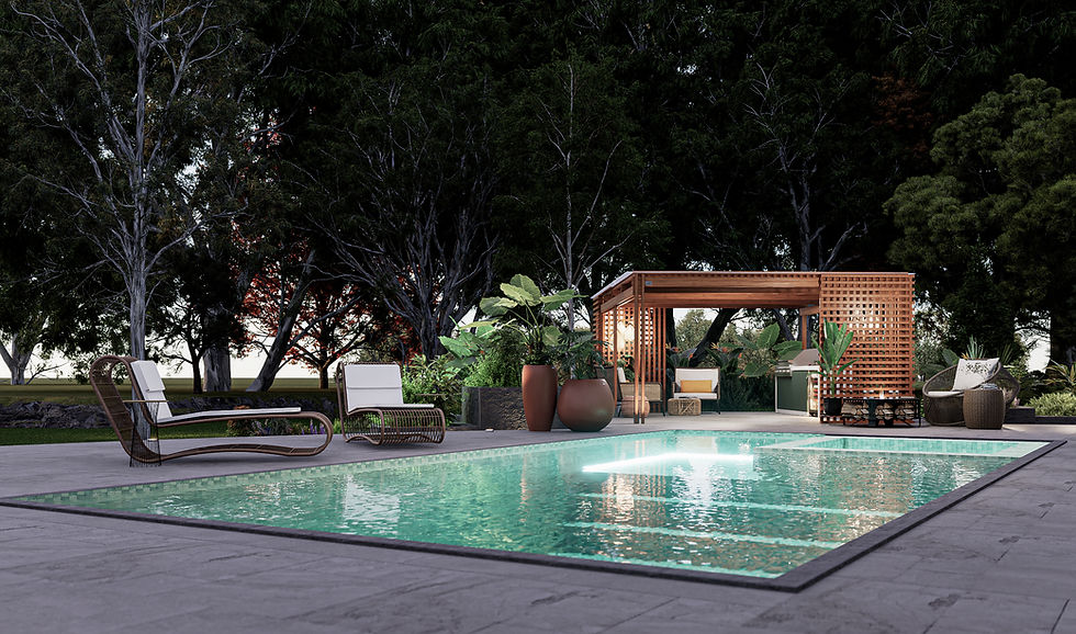 The Ipanema Collection features a tropical modern outdoor living space centered around a rectangular swimming pool surrounded by large-format stone pavers and lush landscaping. At the far end of the patio, a warm timber pergola with an architectural lattice screen defines the outdoor kitchen and lounge area, creating a shaded retreat that blends naturally with the surrounding greenery. The space includes contemporary lounge chairs, oversized planters, woven outdoor furnishings, a built-in grill, and abundant tropical vegetation, while mature trees provide a dense natural backdrop that enhances the connection between architecture and the landscape.