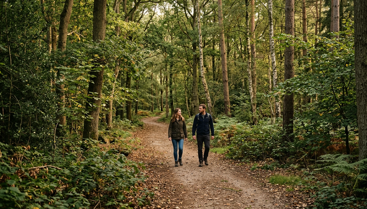 Wide-angle view of two people walking slowly on a quiet nature path.