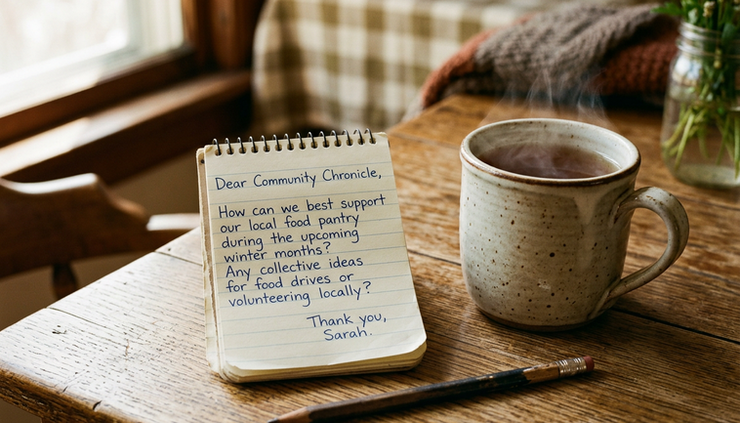 Close-up view of a handwritten note beside a steaming mug.