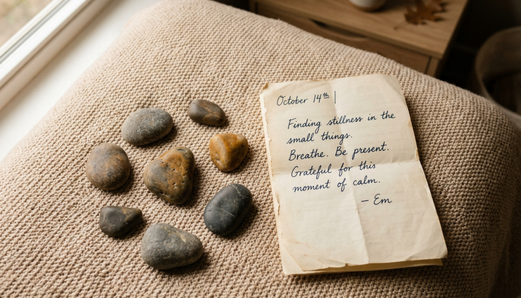 Overhead view of smooth stones arranged beside a folded note on a blanket.