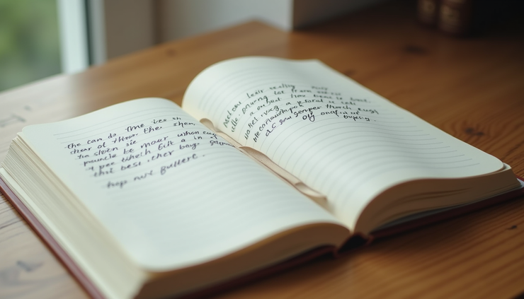 Eye-level view of a journal open on a wooden desk with handwritten notes about achievements