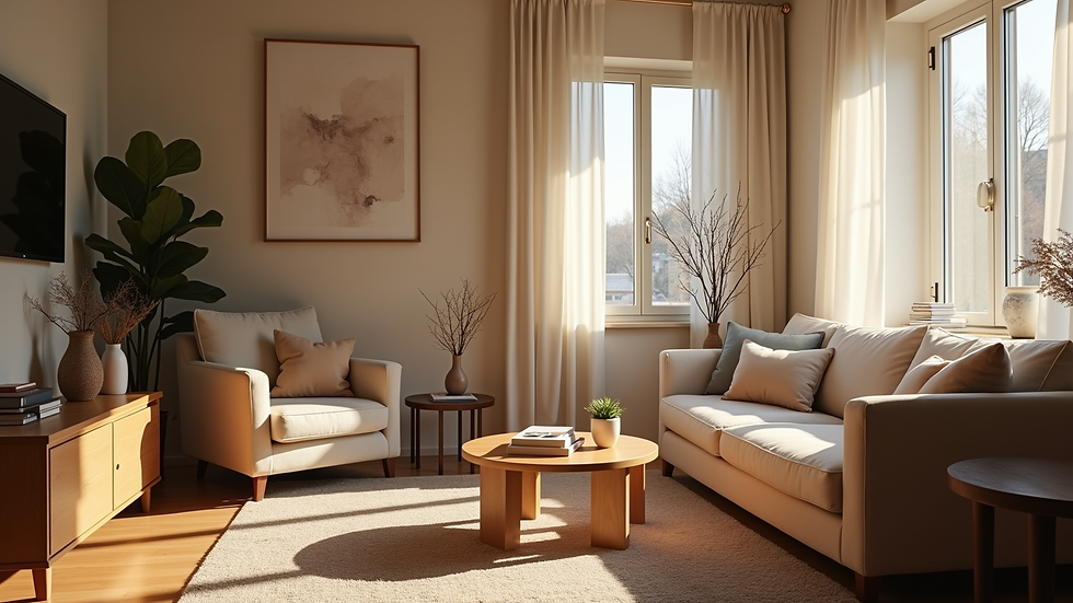 Eye-level view of a cozy living room with a comforting atmosphere