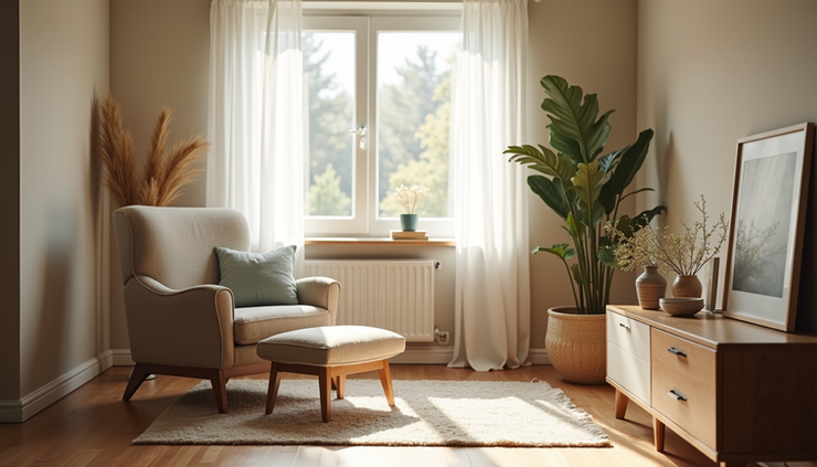 Eye-level view of a quiet living room with a comfortable chair and soft lighting