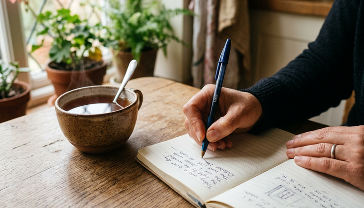 Close-up of a hand writing in a journal beside a cup of tea.