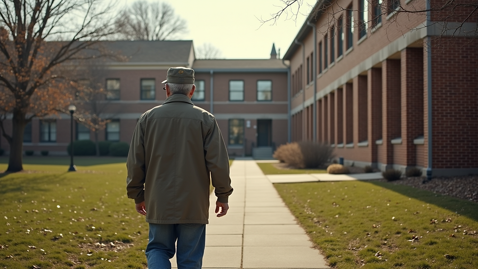 Wide angle view of a veteran standing outside a rehabilitation center