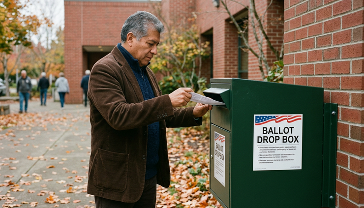 Eye-level view of a voter placing a ballot into a secure drop box.