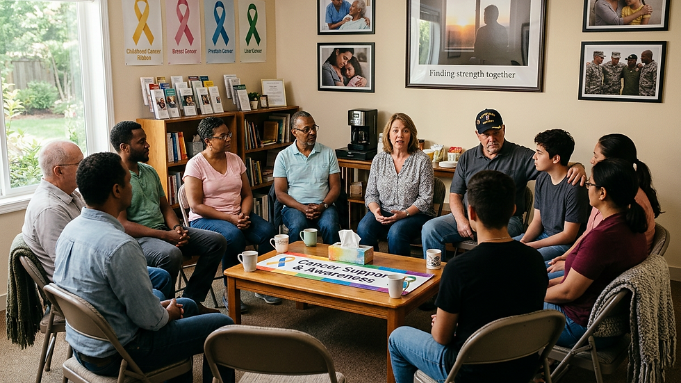 Eye-level view of a community support group meeting in a cozy room