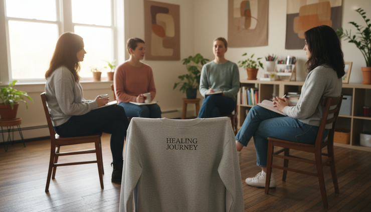 Over-the-shoulder view of a calm support circle with message apparel resting on a nearby chair.
