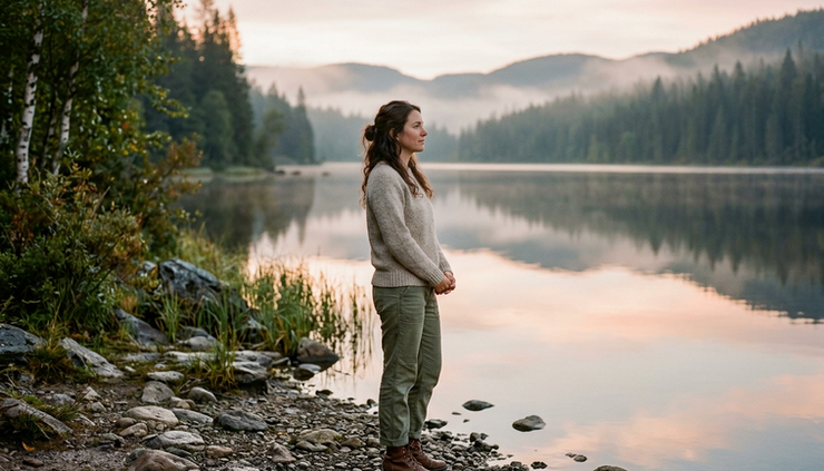Eye-level view of a person standing beside a quiet lake at sunrise