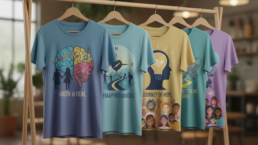 Close-up view of a clothing rack with various mental health awareness shirts