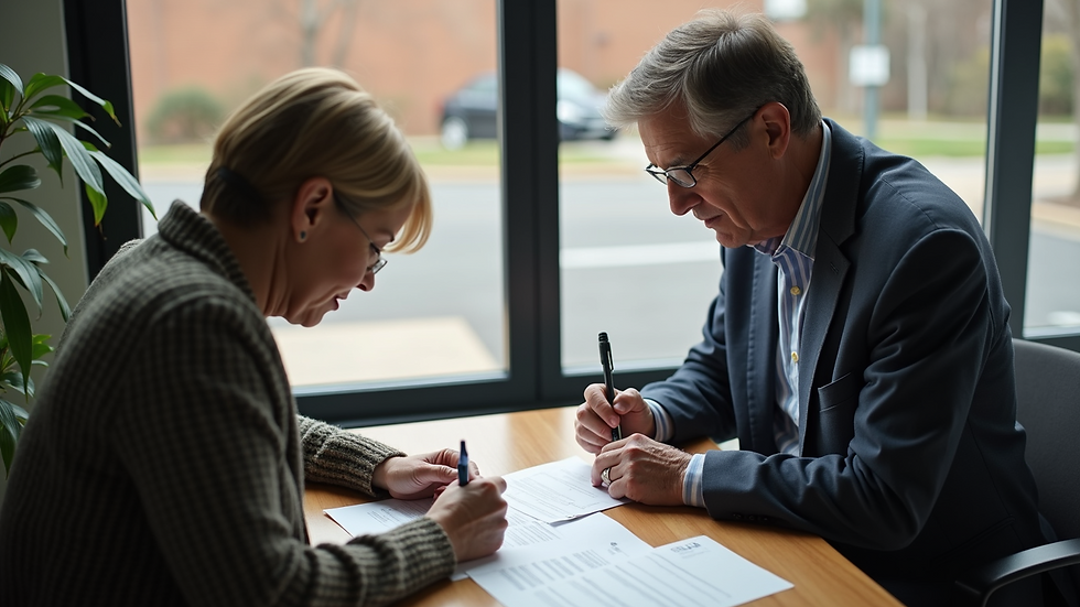 High angle view of a community volunteer helping a veteran fill out forms