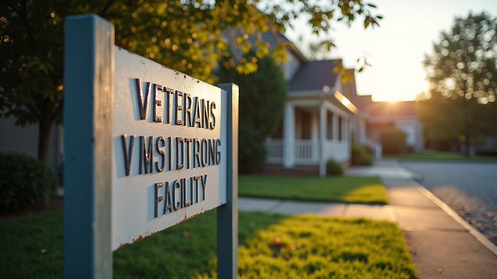 Eye-level view of a sign at a veterans' housing facility