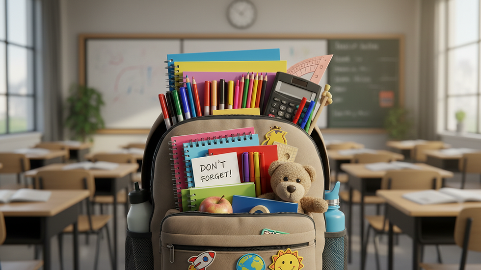 Eye-level view of a backpack filled with school supplies