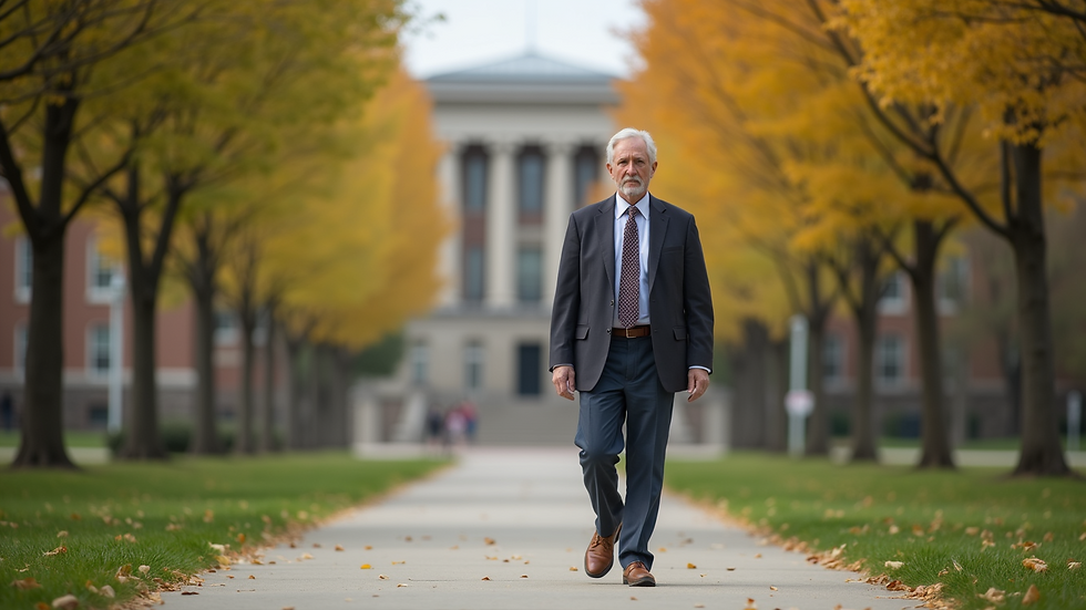 Eye-level view of a university campus with a veteran student walking